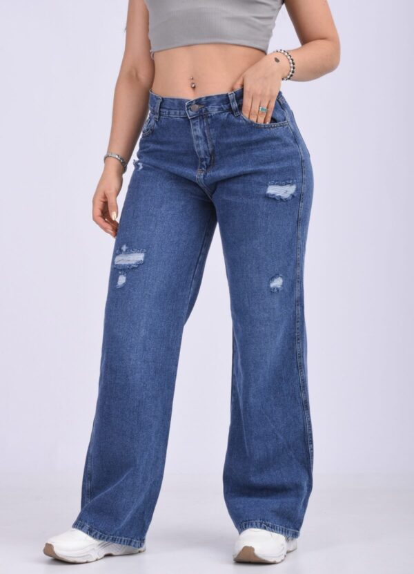 Pantalón Wide Rígido Azul Oscuro Con Roturas, foto 3