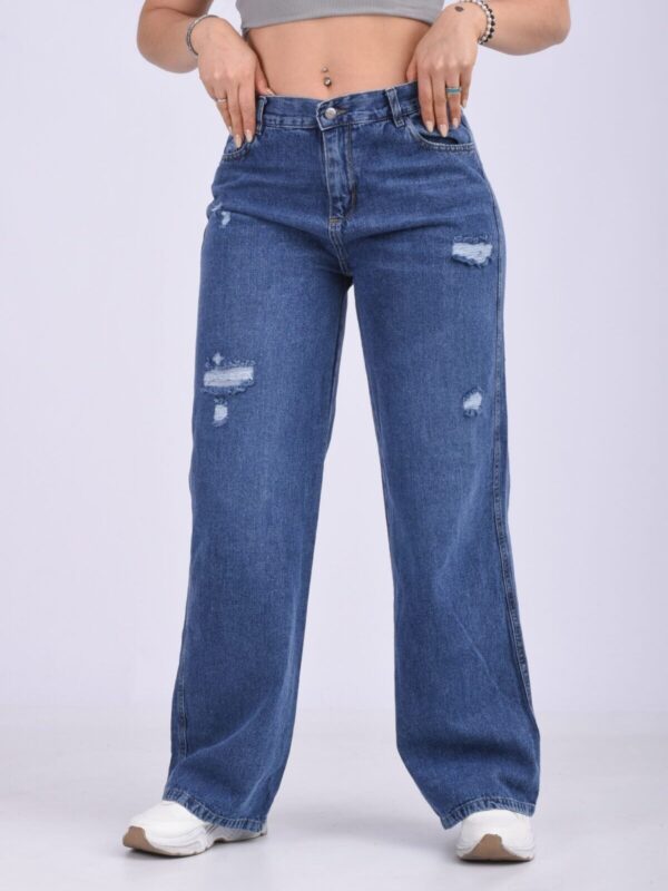 Pantalón Wide Rígido Azul Oscuro Con Roturas