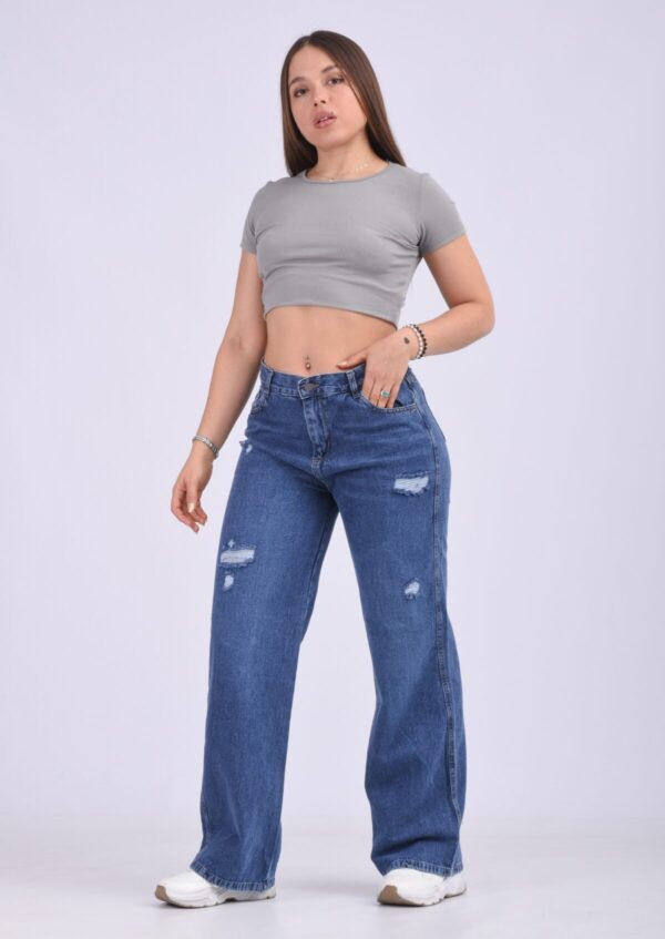 Pantalón Wide Rígido Azul Oscuro Con Roturas, foto 5