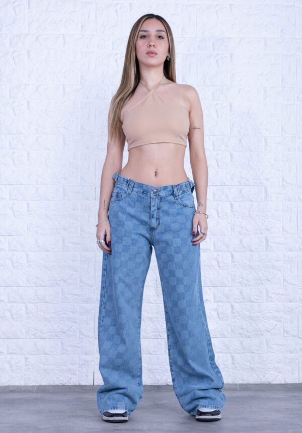 Wide Rígido Azul Cuadrillé Con Cintura Reguladora, foto 4