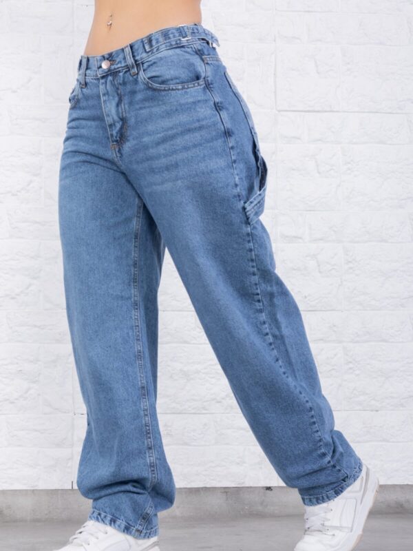 Baggy Tiro Medio Carpintero Rígido Azul Gastado Con Cintura Reguladora